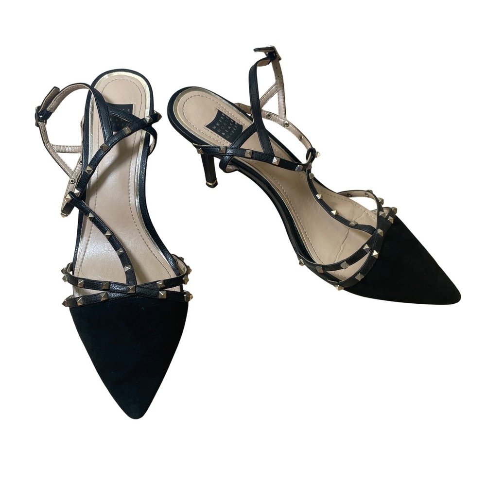White House‎ Black Market Black Suede Studded Ankle Strap Pointed Toe Heels 8M